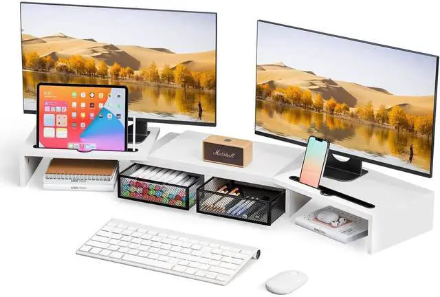 Main image of ZIFTY Dual Monitor Stand Riser for 3 Monitors, Desk Organizer with 2 Drawer and Smartphone Holder, Adjustable Length & Angle Workspace Organizers for Monitors Laptop Printer Computer, White