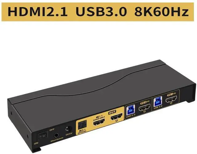 Alt view image 6 of 6 - 2x1 8K@60Hz 4K@144Hz KVM HDMI Switch with Audio and Cables Support Hotkey Switching, Emulation EDID, 5.1 Channel Digital Fiber Optical Audio, 7.1 Surround Sound Audio Output