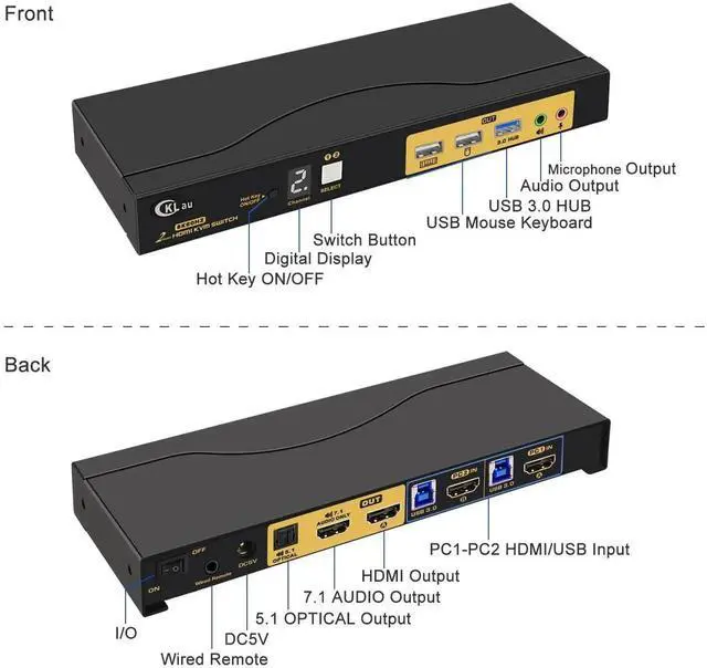 Alt view image 5 of 6 - 2x1 8K@60Hz 4K@144Hz KVM HDMI Switch with Audio and Cables Support Hotkey Switching, Emulation EDID, 5.1 Channel Digital Fiber Optical Audio, 7.1 Surround Sound Audio Output