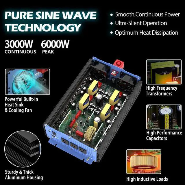 Alt view image 4 of 5 - Pure Sine Wave Inverter 3000 Watt Pro, Home DC 12V to AC 110V 120V Power Car Converter with Three Sockets, Dual USB Port, Type-C Port, LCD Display, Remote Control, Smart Cooling Fans, Cable Included