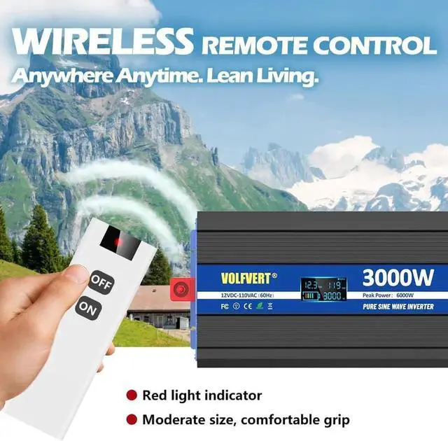 Alt view image 2 of 5 - Pure Sine Wave Inverter 3000 Watt Pro, Home DC 12V to AC 110V 120V Power Car Converter with Three Sockets, Dual USB Port, Type-C Port, LCD Display, Remote Control, Smart Cooling Fans, Cable Included