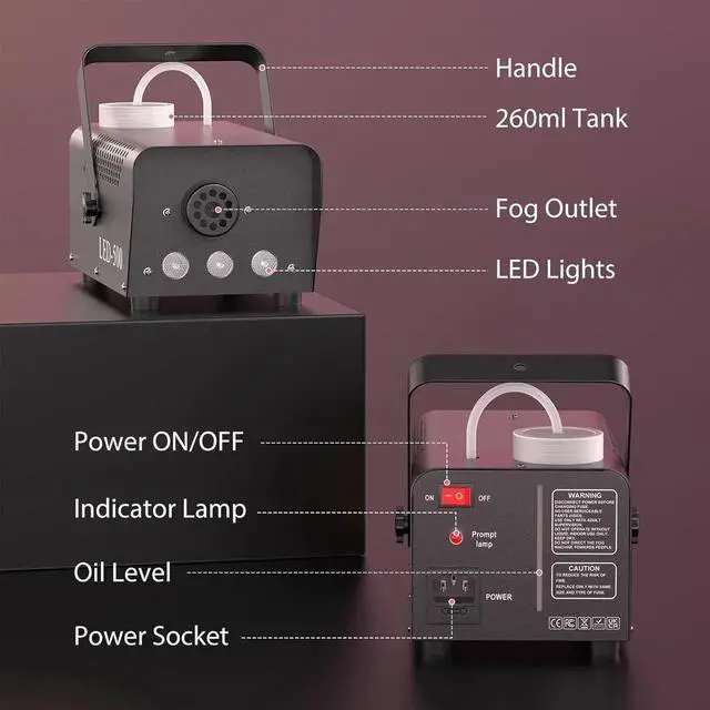 Alt view image 7 of 7 - 500W Fog Machine,Smoke Machine with 3 RGB LED Lights, 14 Colorful LED Lighting Effect Fog Machine, Wireless Remote Smoke Machine for Party Stage Christmas Wedding Halloween, 1 Pack