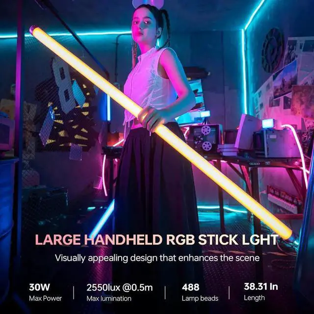 Alt view image 7 of 7 - K90 2 Pack RGB Tube Light, 30W 38inch Large RGBWY Photography LED Video Stick Light Wand with APP/2.4G/Remote Control, CRI 97+, 26 Scenes, 2500K-8500K, 14.8V/3300mAh Battery, Magnetic Chip