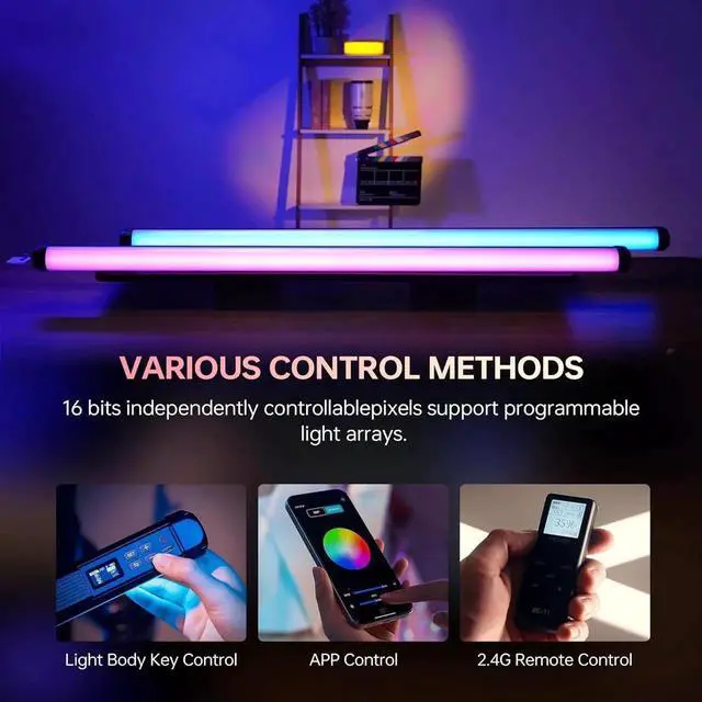 Alt view image 3 of 7 - K90 2 Pack RGB Tube Light, 30W 38inch Large RGBWY Photography LED Video Stick Light Wand with APP/2.4G/Remote Control, CRI 97+, 26 Scenes, 2500K-8500K, 14.8V/3300mAh Battery, Magnetic Chip