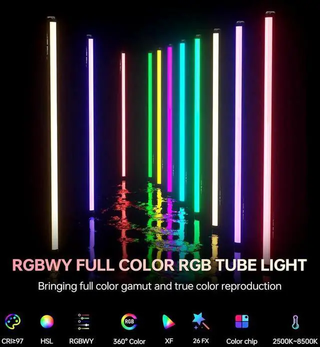 Alt view image 5 of 7 - K90 2 Pack RGB Tube Light, 30W 38inch Large RGBWY Photography LED Video Stick Light Wand with APP/2.4G/Remote Control, CRI 97+, 26 Scenes, 2500K-8500K, 14.8V/3300mAh Battery, Magnetic Chip
