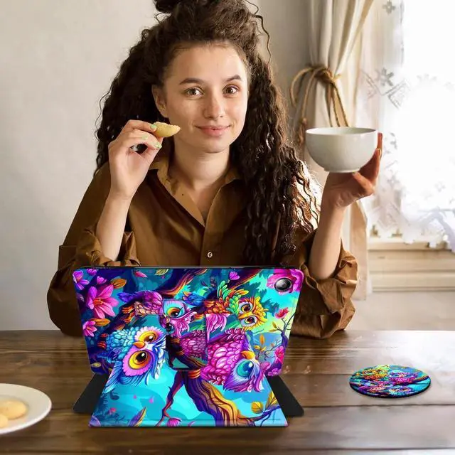 Alt view image 4 of 5 - ACWDMKH Case for Kindle Fire 7 Tablet Case 7 Inch (9th/7th/5th Generation,2019/2017/2015 Release),360 Degree Rotating Swivel PU Leather Stand Folio Cover with Auto Wake/Sleep,Colorful Owl Tree