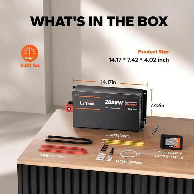 Alt view image 3 of 7 - 2000W Pure Sine Wave Inverter 12V DC to 120V AC Converter with Remote Control, Surge 4000W, Built-in 4 AC Outlets, USB Port, Type-C Port for Home, RV, Camping, Off-Grid, Solar Power