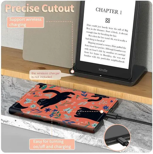 Alt view image 3 of 5 - Black Cat Flowers Case for All-New Kindle Fire HD 8 and Fire HD 8 Plus Tablet (2024/2022/2020 Released 14th/12th/10th Gen), PU Leather Folding Stand Slim Case with Auto Sleep/Wake