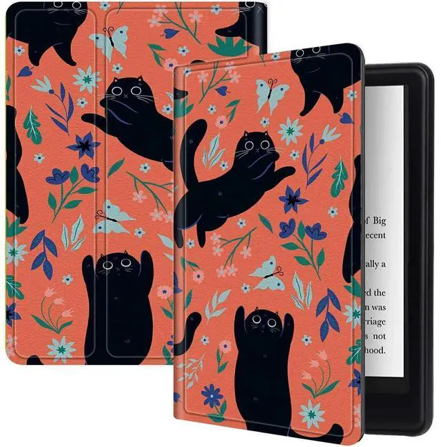 Main image of Black Cat Flowers Case for All-New Kindle Fire HD 8 and Fire HD 8 Plus Tablet (2024/2022/2020 Released 14th/12th/10th Gen), PU Leather Folding Stand Slim Case with Auto Sleep/Wake