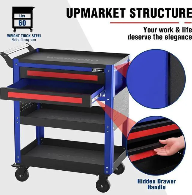 Alt view image 4 of 7 - Premium 28" 2-Drawer Rolling Tool Cart, Heavy Duty Utility Industrial Service Cart Storage Organizer with Wheels and Locking System, for Mechanic, Warehouse, Garage, Workshop, 400 lbs Load