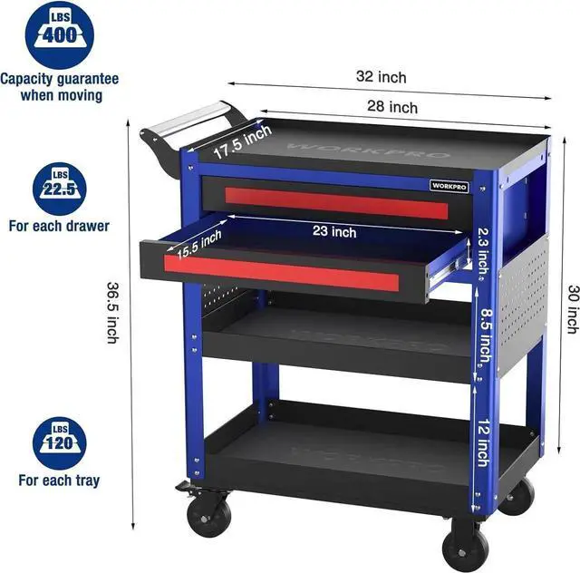 Alt view image 6 of 7 - Premium 28" 2-Drawer Rolling Tool Cart, Heavy Duty Utility Industrial Service Cart Storage Organizer with Wheels and Locking System, for Mechanic, Warehouse, Garage, Workshop, 400 lbs Load