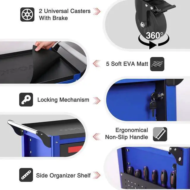 Alt view image 7 of 7 - Premium 28" 2-Drawer Rolling Tool Cart, Heavy Duty Utility Industrial Service Cart Storage Organizer with Wheels and Locking System, for Mechanic, Warehouse, Garage, Workshop, 400 lbs Load