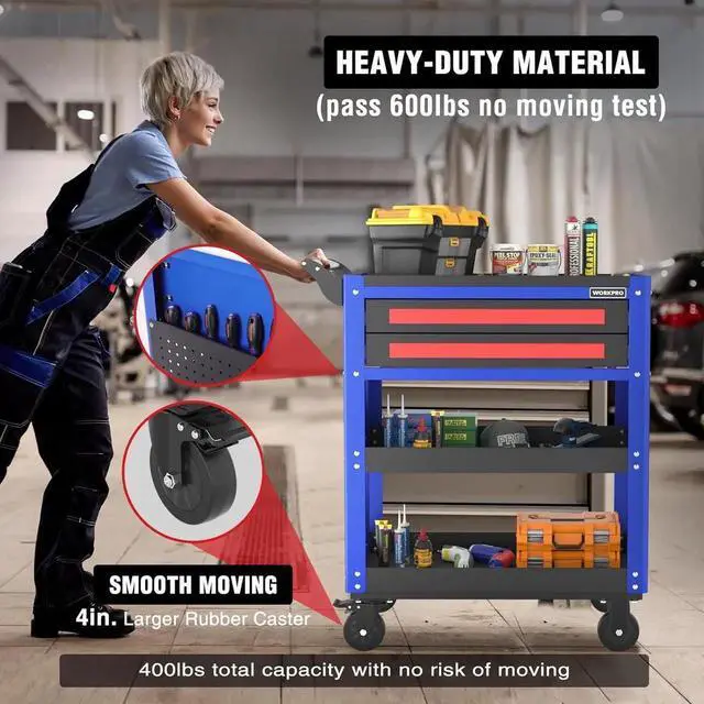 Alt view image 5 of 7 - Premium 28" 2-Drawer Rolling Tool Cart, Heavy Duty Utility Industrial Service Cart Storage Organizer with Wheels and Locking System, for Mechanic, Warehouse, Garage, Workshop, 400 lbs Load