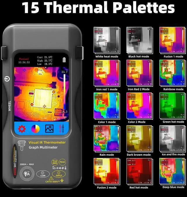 Alt view image 5 of 7 - Thermal Imaging Camera Multimeter with Macro Lens, 320x320 IR Resolution with 15 Thermal Palettes, 20000 Counts with 3.98" Touch LCD, Measures Cap, AC Clamp, Temp Diode for Electrical Electronic