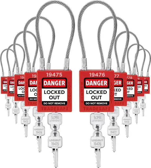 Main image of Lockout Tagout Steel Cae Locks with Keys,10 Red Keyed Different Electrical Lockout Padlock Set, 2 Keys per Lock, OSHA Coliant, Premium Grade