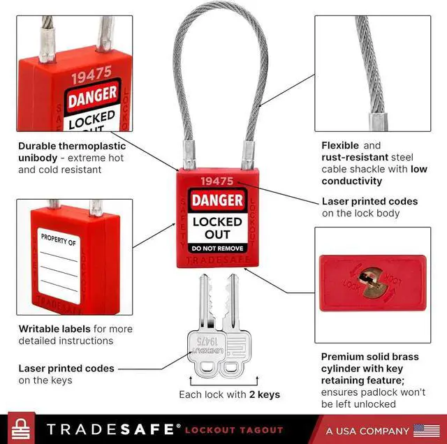 Alt view image 5 of 7 - Lockout Tagout Steel Cae Locks with Keys,10 Red Keyed Different Electrical Lockout Padlock Set, 2 Keys per Lock, OSHA Coliant, Premium Grade
