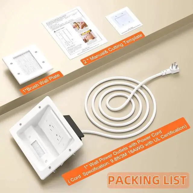 Alt view image 6 of 7 - in Wall Cable Concealer Kit with Brush Wall Plate,Recessed Outlet Box,9ft Cord,2 Gang Pass Through Wire Hider for TV Cable Management,HDMI Cables and Home Theater Systems