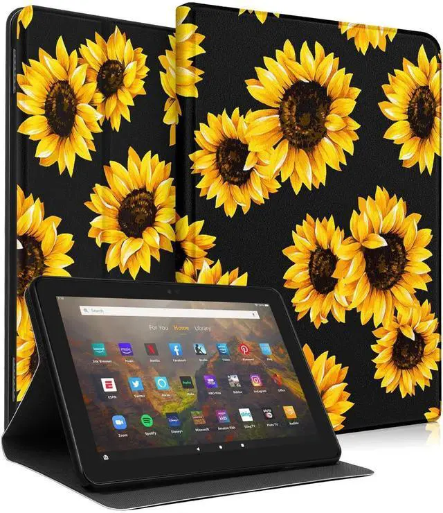 Main image of Wazzasoft for Amazon Kindle Fire HD 8/8 Plus Tablet Case 10th/12th Generation for Women Girls Folio Cover Cute Fashion Design Girly Kawaii Black Sunflower Pretty Teen Cases for Kindle Fire Case 8 Inch