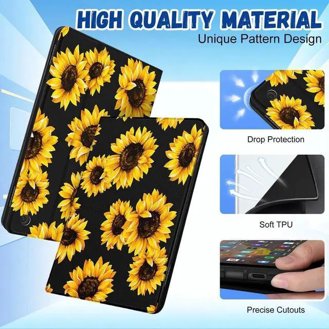 Alt view image 2 of 5 - Wazzasoft for Amazon Kindle Fire HD 8/8 Plus Tablet Case 10th/12th Generation for Women Girls Folio Cover Cute Fashion Design Girly Kawaii Black Sunflower Pretty Teen Cases for Kindle Fire Case 8 Inch