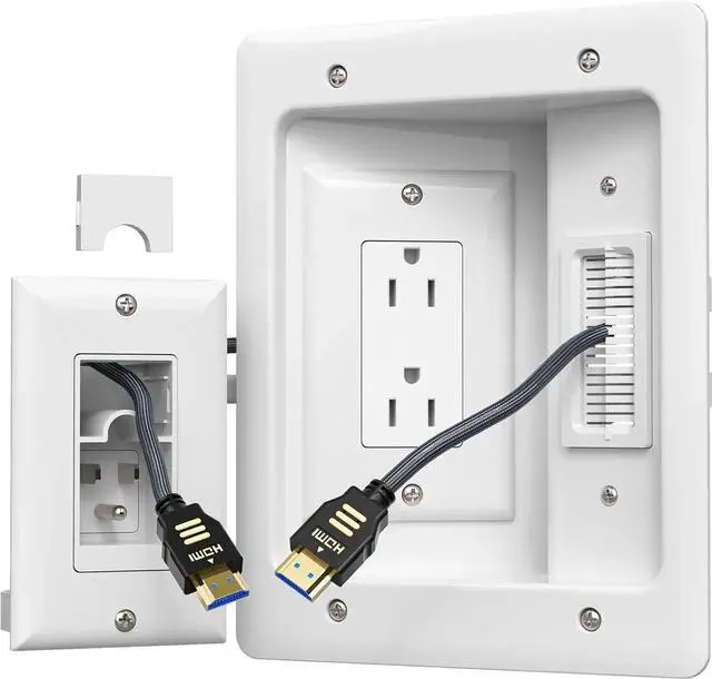 Main image of TV Cord Hider for Wall Mounted TV, in-Wall Cable Management Kit, Outlet Box Dual Outlet Cord Hider with Power & Low Voltage Support, Includes Drywall Saw, Template & Extension Cable
