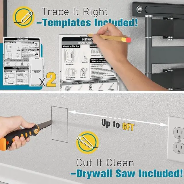 Alt view image 3 of 7 - TV Cord Hider for Wall Mounted TV, in-Wall Cable Management Kit, Outlet Box Dual Outlet Cord Hider with Power & Low Voltage Support, Includes Drywall Saw, Template & Extension Cable