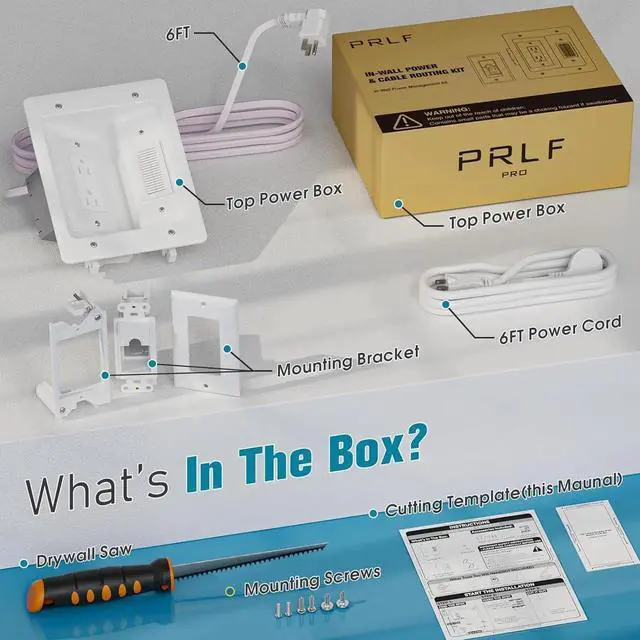 Alt view image 6 of 7 - TV Cord Hider for Wall Mounted TV, in-Wall Cable Management Kit, Outlet Box Dual Outlet Cord Hider with Power & Low Voltage Support, Includes Drywall Saw, Template & Extension Cable