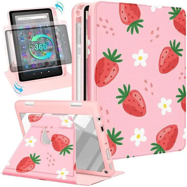 Alt view image 2 of 5 - Kidcube for Kindle Fire HD 8/8 Plus Tablet Case - 10th/12th Generation (2020/2022) 8" Women Girls Cute Folio Cover with Pencil Holder Girly Strawberry Rotating Stand Cases for Amazon Fire HD 8/8 Plus