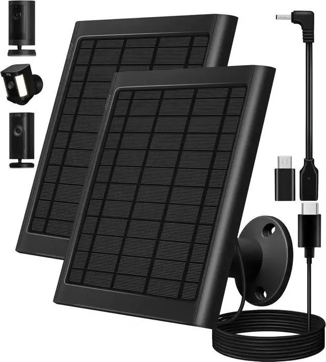 Main image of Solar Panel for Ring Camera, 2-Pack 8W Solar Panel Charger Compatible with Ring Stick Up Cam Battery, Spotlight Cam Battery, Includes Barrel Plug to USB-C Adapter, IP65 Waterproof, 10ft Cable