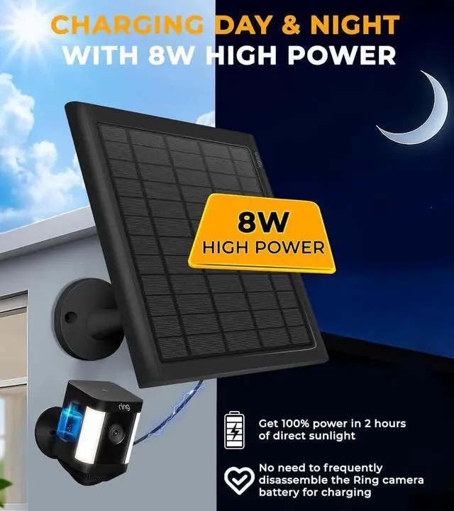 Alt view image 6 of 7 - Solar Panel for Ring Camera, 2-Pack 8W Solar Panel Charger Compatible with Ring Stick Up Cam Battery, Spotlight Cam Battery, Includes Barrel Plug to USB-C Adapter, IP65 Waterproof, 10ft Cable