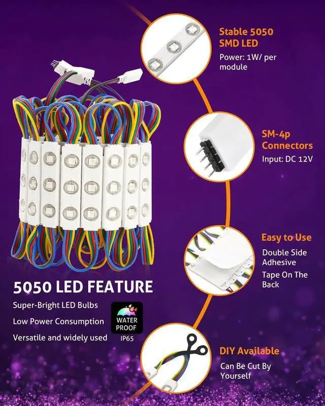 Alt view image 5 of 7 - 50FT LED Light Modules for Business Window Light Commercial Storefront Lights 100PCS LED Module for Signs 0.92W 3 LED 5050 SMD RGB Adhesive Waterproof Strip Lights for Store Advertising Décor