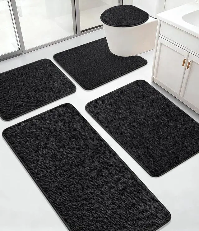 Main image of 5 Piece Bathroom Rug Set, Memory Foam Black Bath Mats, Non-Slip, Quick Dry, Absorbent, Machine Washable, U-Shaped Toilet Rug, Modern Style