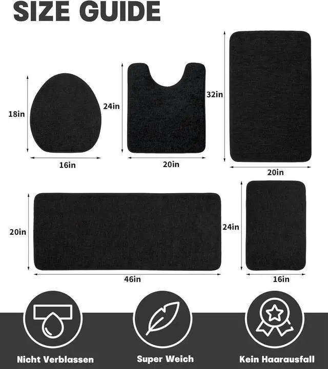Alt view image 5 of 6 - 5 Piece Bathroom Rug Set, Memory Foam Black Bath Mats, Non-Slip, Quick Dry, Absorbent, Machine Washable, U-Shaped Toilet Rug, Modern Style