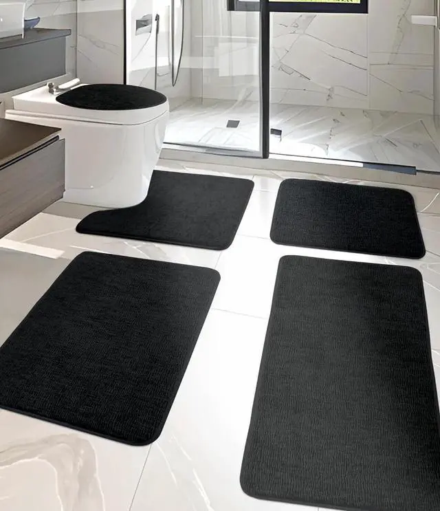 Alt view image 3 of 6 - 5 Piece Bathroom Rug Set, Memory Foam Black Bath Mats, Non-Slip, Quick Dry, Absorbent, Machine Washable, U-Shaped Toilet Rug, Modern Style