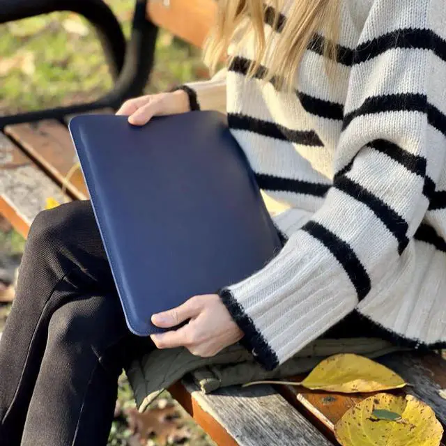 Alt view image 2 of 5 - Leather Case for MacBook Air 2018-2024 M1 M2 M3 Chip Sleeve Soft Bag Handmade for 13-inch MacBook Air, MacBook Pro, Blue Vertical