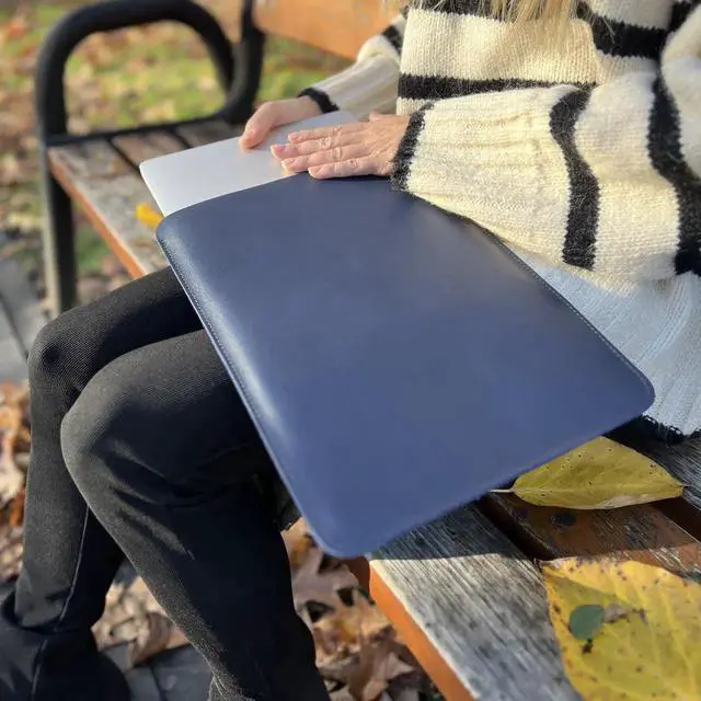 Alt view image 5 of 5 - Leather Case for MacBook Air 2018-2024 M1 M2 M3 Chip Sleeve Soft Bag Handmade for 13-inch MacBook Air, MacBook Pro, Blue Vertical