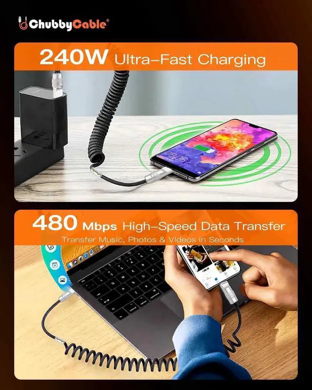 Alt view image 4 of 5 - chubbycable Curly Chubby 240W Coiled USB C Cable Retractable Fast Charging Cable for Car Charger Cord Compatible with iPhone 17-15 Series, Orange+Black, Type-C to Type-C, 2.29FT-3.6FT
