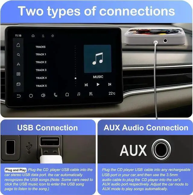 Alt view image 3 of 7 - External Portable CD Player for Car, Plug and Play Car CD Player with USB Port AUX Port, Universal USB Player for Vehicle, Laptop, TV, Computer, for Android 4.4 and Above Navigation