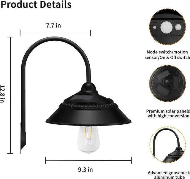 Alt view image 3 of 7 - 2 Pack Solar Barn Light, Solar Wall Sconce Light Outdoor with 3 Lighting Modes & Motion Sensor, Waterproof Farmhouse Light Outdoor for Chicken Coop Garage Shed
