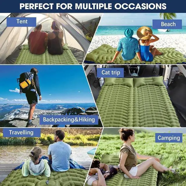 Alt view image 6 of 6 - Double Sleeping Pad for Camping - Ultralight Camping Mattress with Pillow, Built-in Foot Pump, Compact Inflatable 2-Person Portable Mat for Backpacking, Hiking, Car Traveling, Beach, Tent