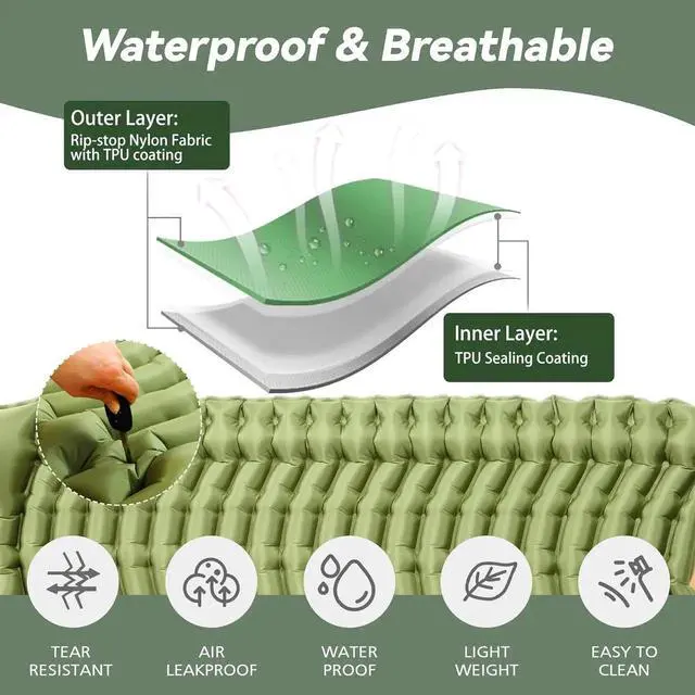 Alt view image 3 of 6 - Double Sleeping Pad for Camping - Ultralight Camping Mattress with Pillow, Built-in Foot Pump, Compact Inflatable 2-Person Portable Mat for Backpacking, Hiking, Car Traveling, Beach, Tent