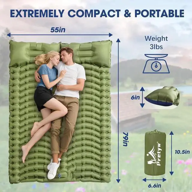 Alt view image 2 of 6 - Double Sleeping Pad for Camping - Ultralight Camping Mattress with Pillow, Built-in Foot Pump, Compact Inflatable 2-Person Portable Mat for Backpacking, Hiking, Car Traveling, Beach, Tent