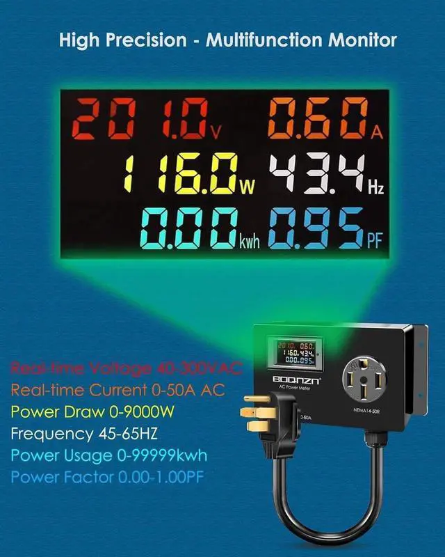 Alt view image 4 of 7 - 50A AC Power Meter, 240V NEMA 14-50P to NEMA 14-50R LCD Display Digital Multimeter Tester with 1.3FT 10AWG C, Multifunction Energy Monitor Voltage Current Frequency Power Factor Outlet Monitor