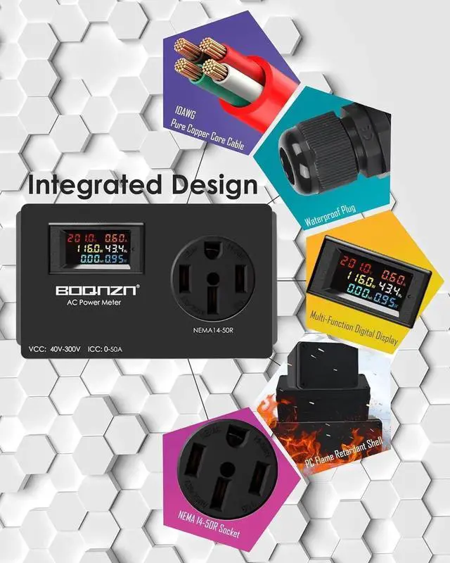 Alt view image 3 of 7 - 50A AC Power Meter, 240V NEMA 14-50P to NEMA 14-50R LCD Display Digital Multimeter Tester with 1.3FT 10AWG C, Multifunction Energy Monitor Voltage Current Frequency Power Factor Outlet Monitor