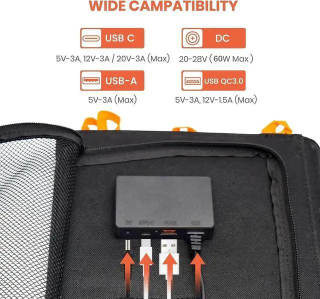 Alt view image 3 of 7 - 60W Portable Solar Panel for Power Station, 24% High Efficiency Foldable Solar Charger with QC3.0 USB-A PD3.0 DC Output, IP67 Waterproof Solar Panels for Camping RV, Power Outage (Without Generator)