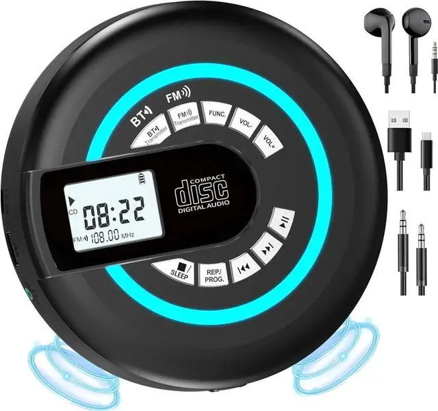 Main image of Portable CD Player with Speaker Bluetooth Disman for Car FM Transmitter Rechargeable Anti-Skip Protection, Headphones, AUX/USB Supported, LCD Display RGB Light