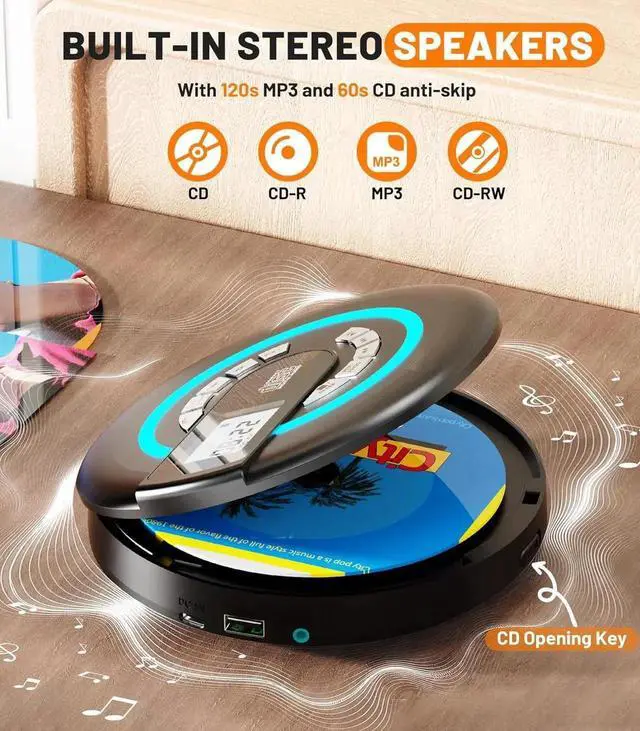 Alt view image 2 of 7 - Portable CD Player with Speaker Bluetooth Disman for Car FM Transmitter Rechargeable Anti-Skip Protection, Headphones, AUX/USB Supported, LCD Display RGB Light