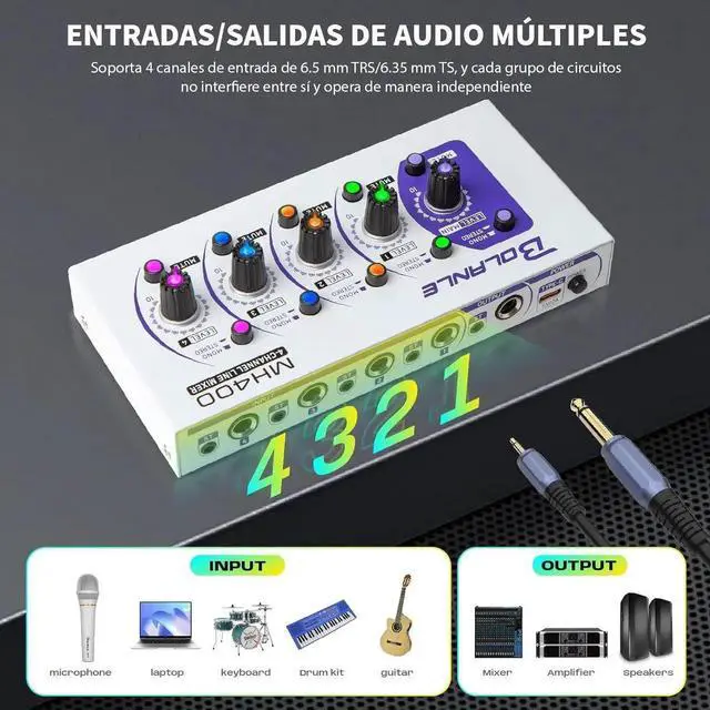 Alt view image 2 of 7 - Mini Audio Mixer,Stereo Line Mixer for Sub-Mixing,Ultra Low-Noise,4-Channel,Microphone Independent Control, 1/4" & 1/8" TRS Output and Input, for Guitars,Bass,Keyboards (MH400)