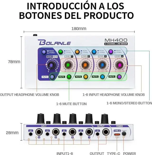 Alt view image 3 of 7 - Mini Audio Mixer,Stereo Line Mixer for Sub-Mixing,Ultra Low-Noise,4-Channel,Microphone Independent Control, 1/4" & 1/8" TRS Output and Input, for Guitars,Bass,Keyboards (MH400)
