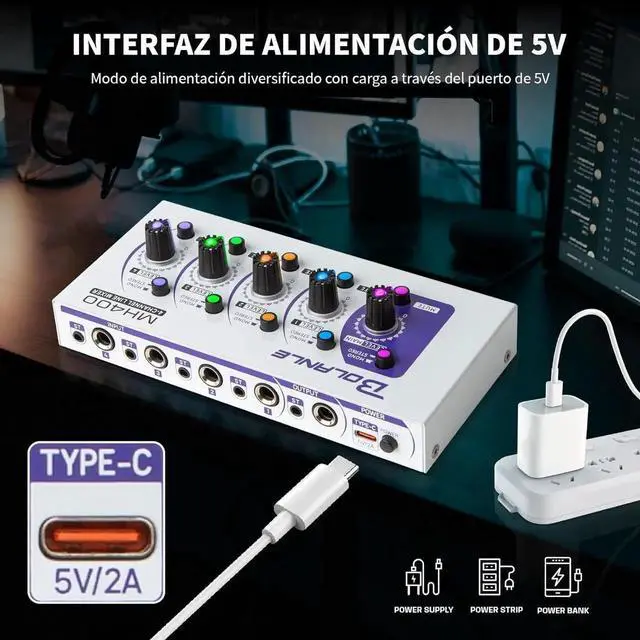 Alt view image 6 of 7 - Mini Audio Mixer,Stereo Line Mixer for Sub-Mixing,Ultra Low-Noise,4-Channel,Microphone Independent Control, 1/4" & 1/8" TRS Output and Input, for Guitars,Bass,Keyboards (MH400)