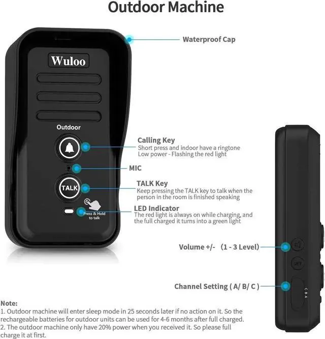 Alt view image 4 of 7 - Wireless Intercom Doorbells for Home Classroom, Intercomunicador Waterproof Electronic Doorbell Chime with 1/2 Mile Range 3 Volume Levels Rechargeable Battery (Black, 1&2)